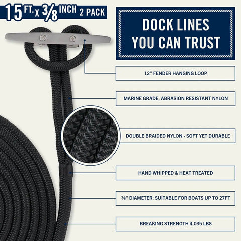 Two Pack Fifteen Foot Dock Lines For Boat Docking With Three Eighths Inch Double Braided Nylon Mooring Rope with 12 Inch Eyelet Black
