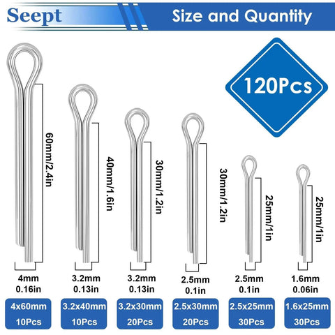Chart displaying the sizes and quantities of 120Pcs Stainless Steel Cotter Pins Assortment Kit Pro Grade 304 For Hitch Pin Lock System And Tow Truck Or Tractor Repair Needs Includes M1.6x25 M2.5x25 M2.5x30 M3.2x30 M3.2x40 And M4x60.