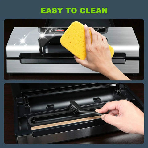 Pro Home Vacuum Sealer With Built In Cutter And Bag Storage Auto And Manual Modes, being wiped clean with a sponge and brush.