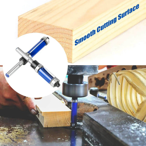 Top And Bottom Bearing Flush Trim Router Bit Set With One Quarter Inch Shank, Carbide Cutter in use for smooth edge trimming.