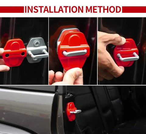 Installation of Door Lock Cover Buckle Decor Trim For Jeep Wrangler JL JLU Gladiator JT Red ABS on vehicle door latch