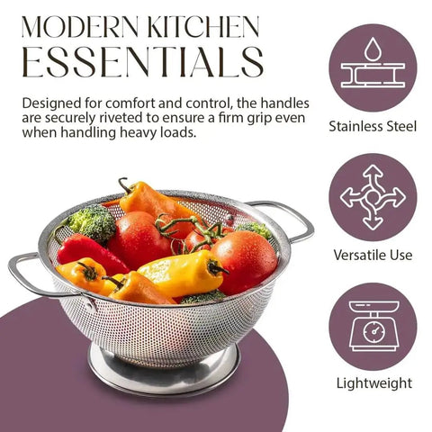 5 Quart Stainless Steel Colander With Handle For Beastly Fast Draining Fine Micro Perforations filled with vegetables
