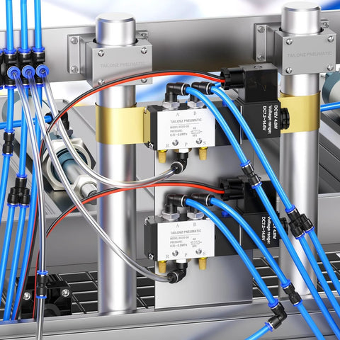 Tailonz pneumatic plastic push-to-connect fittings, 50 pcs, for 5/32–1/2 in tubes, installed on a metal manifold