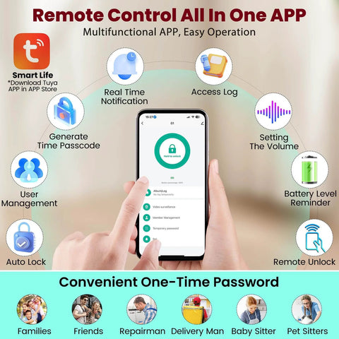 Person holding smartphone displaying app for Video Smart Lock With Camera And Doorbell, 6-In-1 Keyless Entry System With Fingerprint.