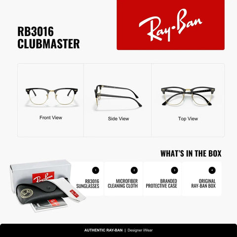 Unisex Clubmaster Square Sunglasses With Clear Blue Light Filtering Lenses And Lightweight Polycarbonate Frames 51 mm Retro Style Eyewear For Men And Women everyday go to gear for screen time and outdoor sun, front, side, and top view with accessories in the box.