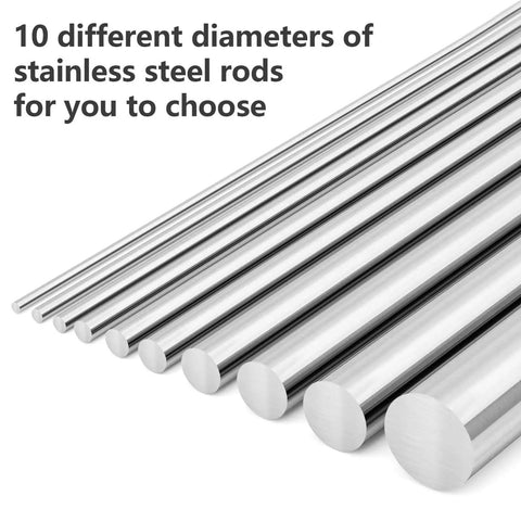 Three Quarters Inch Diameter 304 Stainless Steel Round Rod, Ten Inch Length, Solid Bar For DIY Metal Craft And Metalworking, Rust Resistant 1 Piece Great For DIY Projects And Jewelry Making displayed with other rods of various diameters