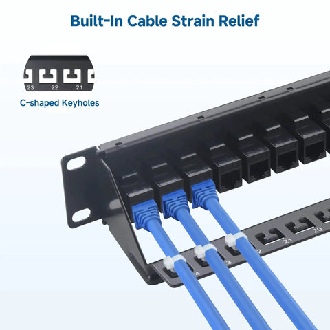 Beefy 1U 24 Port Cat6 Ethernet Patch Panel With Inline Keystone And Cable Management Bar, showing built-in cable strain relief