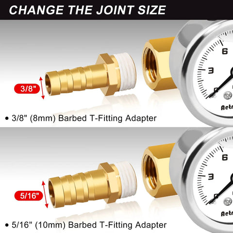 AetralYB fuel pressure test kit with brass inline gauge and two barbed adapters (3/8" and 5/16")