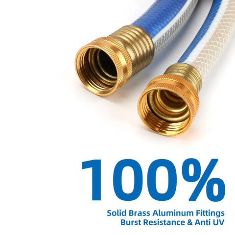 Two blue and gray garden hoses with brass threaded fittings.