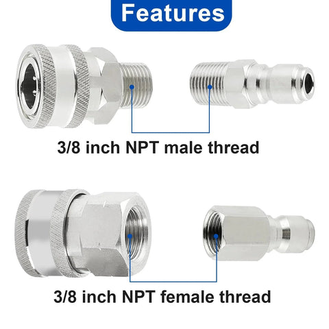 Heavy-Duty 8-Piece Pressure Washer Quick Connect Kit with 3/8 Inch Stainless Steel Hose Fittings, male and female threads shown