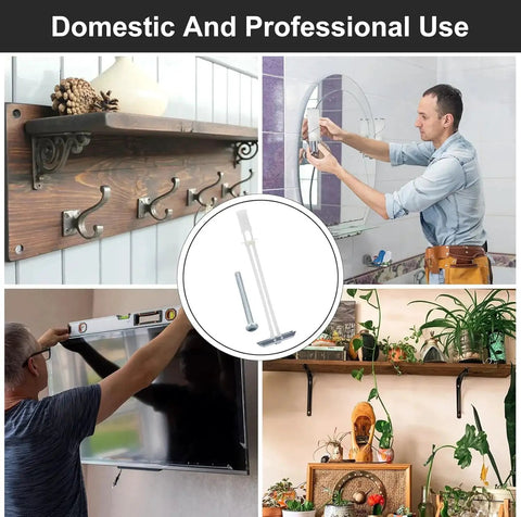 Heavy Duty Drywall Anchor Kit With 3/16-24 Included Bolts For Hollow Wall Mounting Stainless Steel Anchors For TV Mounts Holds Up To 240 Lbs In 1/2 Inch Drywall 10 Pack Rust Resistant Self Stabilizing For Fast Easy Install, shown in various installation scenarios including hanging shelves, mirrors, and TVs.