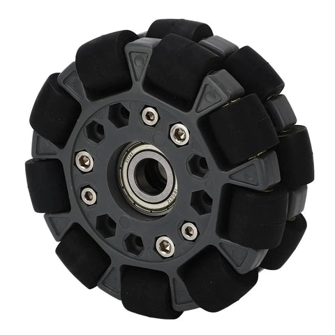100 mm Omni Wheel for robots, black and gray, omnidirectional drive for precise maneuverability, robotics projects, and education kits.