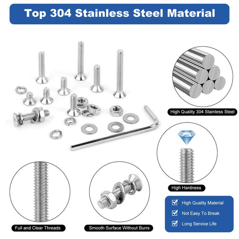 M6 Flat Head Hex Socket Cap Screws Set, 206 Piece All In One Kit With Nuts, Washers, And Allen Wrench, 304 Stainless Steel