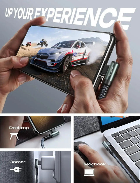 Right Angle USB C to USB C Cable 60W 6.6ft Fast Charging 2 Pack connected to devices for gaming and charging.