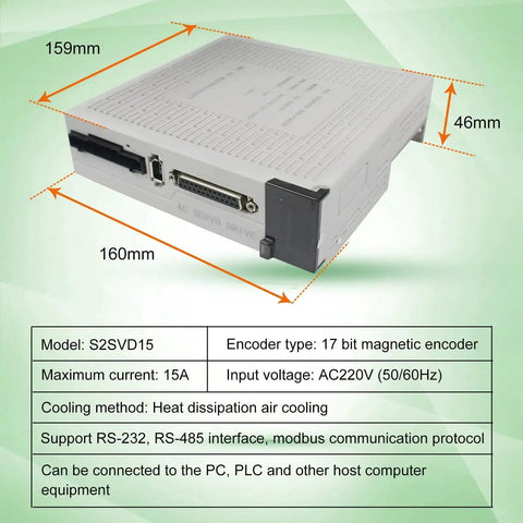 S2SVD15 driver for 400W 220V Servo Motor Kit with Brake, featuring encoder ports and cooling vent, for CNC automation.