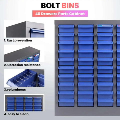 40 Drawer Metal Parts Storage Cabinet With Alloy Steel Frame And Removable ABS Bins For Garage, Workshop Or Office Supplies, Heavy Duty Nut And Bolt Organizer For Easy Organization And Quick Access, showing front view with blue bins.