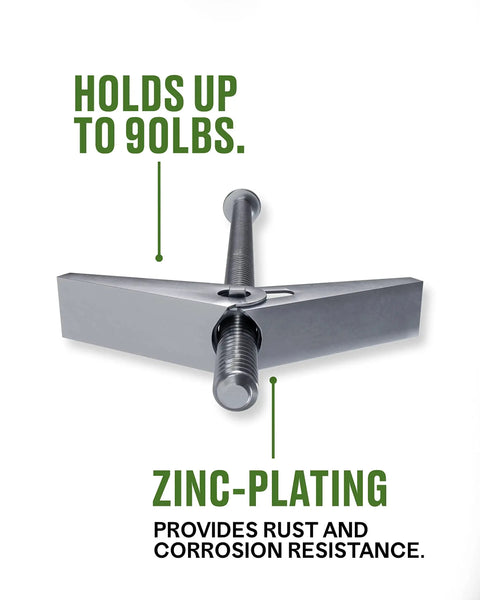 Close-up of round head machine screw toggle bolt showing zinc-plating and spring action wings for firm backing in hollow walls.