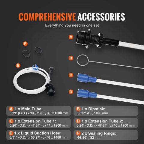 Components of 6.5L Manual Oil Change Fluid Extractor Pump with Dipstick and Suction Hose shown with descriptions and dimensions.