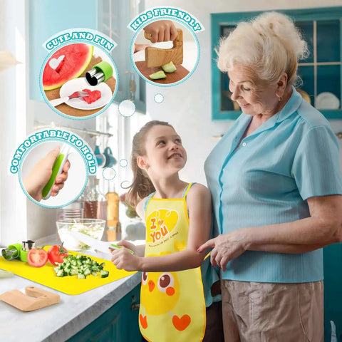 Child using Montessori Toddler Knife Set With Real Cooking Tools For Kids, 15 Piece Kitchen Play Kit Including Plastic Serrated Knives