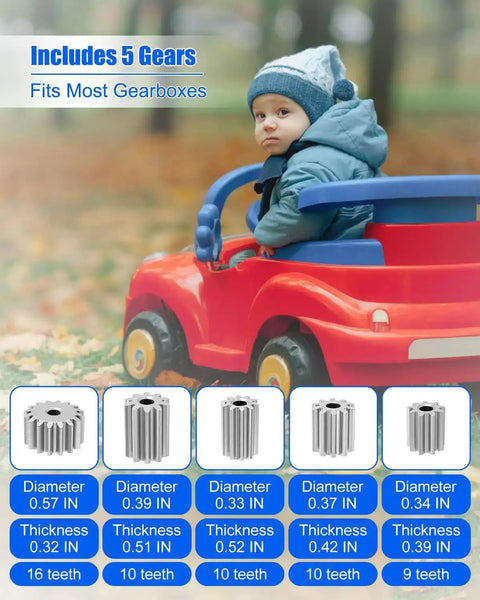 Child in toy car with 2-Pack 12V RS550 High Speed Electric Motor Upgrade For Ride On Kids Cars, includes 5 gear heads