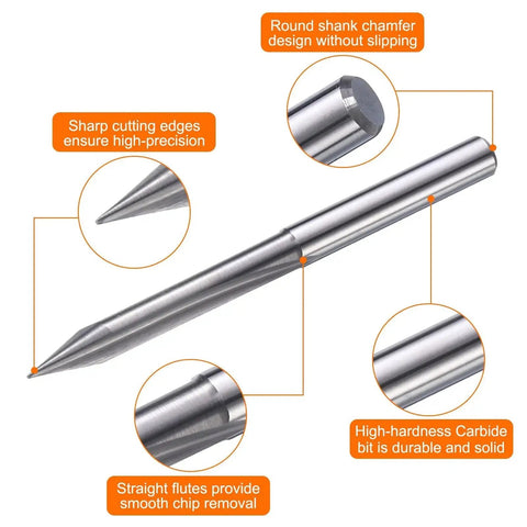 Close-up view of Pro Grade CNC V Bit Set Five Pack 30 Degree One Eighth Inch Shank 0.1mm Tip Carbide Engraving Bits with annotations.