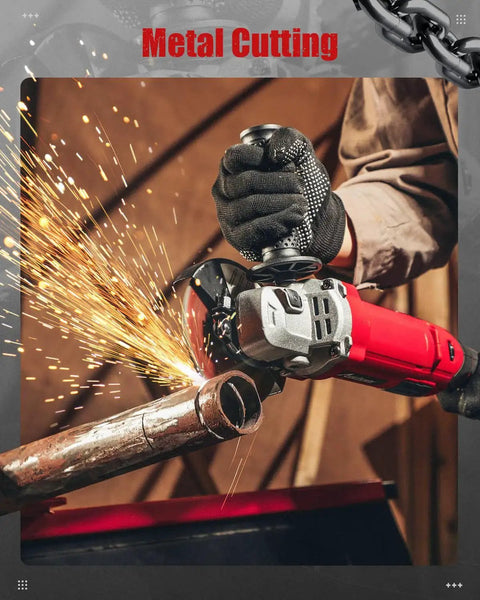 4-1/2 Inch Angle Grinder With 1000W Motor, 8 Amp, 7 Variable Speeds From 3,000 To 11,500 RPM, Paddle Switch With Lock On, Includes Cutting And Grinding Wheels And Side Handle, Red Power Tool For Metal Cutting And Grinding in use with sparks flying.