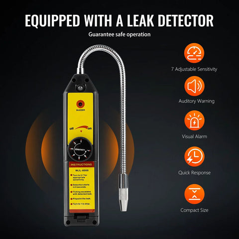 HVAC vacuum pump and gauge set with leak detector, 4.5 CFM, black unit with yellow panel, flexible hose and can-tap