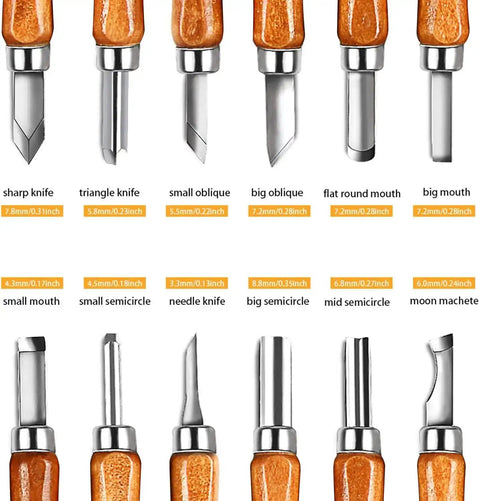 Wood Carving Knife Set 20 Piece Kit With Carbon Steel Blades And Electrolytic Coating featuring various blade designs.