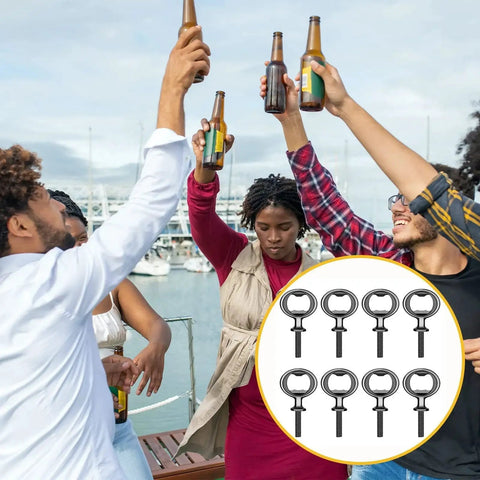 Group of people toasting with drinks, inset of Stainless Steel Bottle Opener Inserts Kit 8 Pack For DIY Wood Turning Black Blank Finish