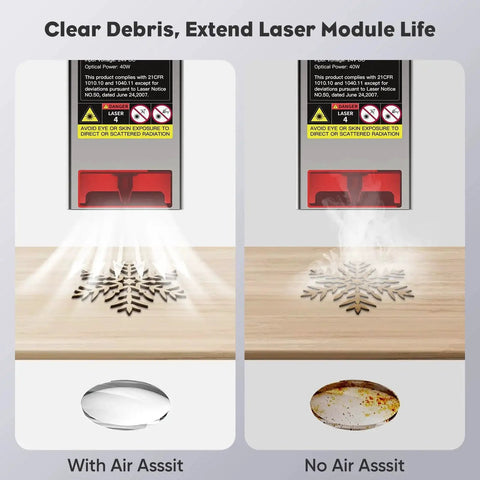 Comparison of laser engraving with and without Air Assist For Laser Cutter And Engraver, 22 Liters Per Minute Air Output system