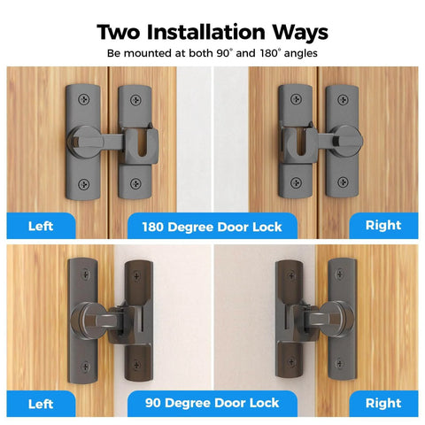 Easy Install 90 And 180 Degree Sliding Barn Door Latch With 3.1 Inch Lock shown in left and right mounting positions on wooden doors.