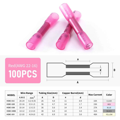 Red heat-shrink butt wire connectors, 22-16 AWG, 100 pcs, insulated waterproof automotive/marine grade; three shown.
