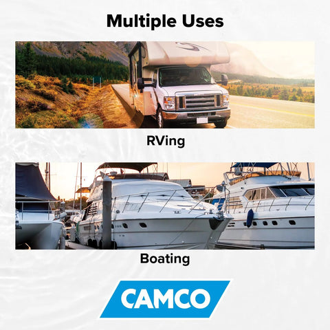 Camco water pressure regulator collage banner showing multiple uses for RVing and boating
Camco water pressure regulator RVing scene: white motorhome on highway
Camco water pressure regulator boating scene: docked luxury yachts