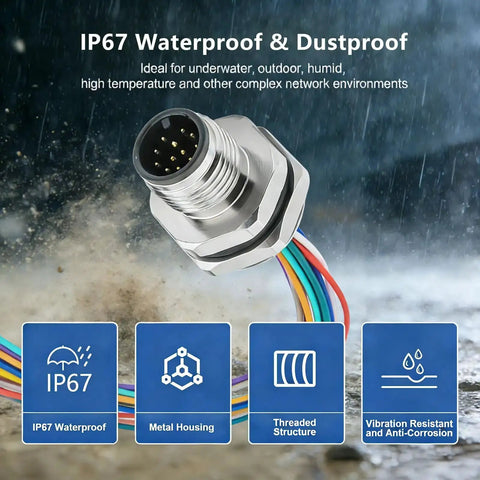 M12 12 Pin A Code Male Aviation Connector Cable 0.2M Back Mount Unshielded Straight IP67 Waterproof Industrial Cable