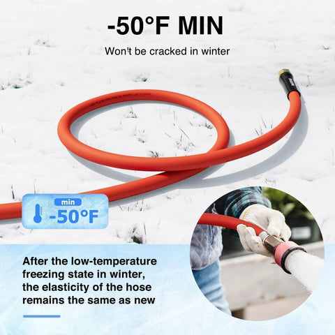SPECILITE 5/8 inch rubber garden hose, red, 50 ft with 3/4 inch brass fittings, coiled on snow.