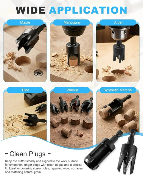 Durable Wood Plug Cutter Set For DIYers And Pros, 8 Pack with straight and tapered bits in various wood applications