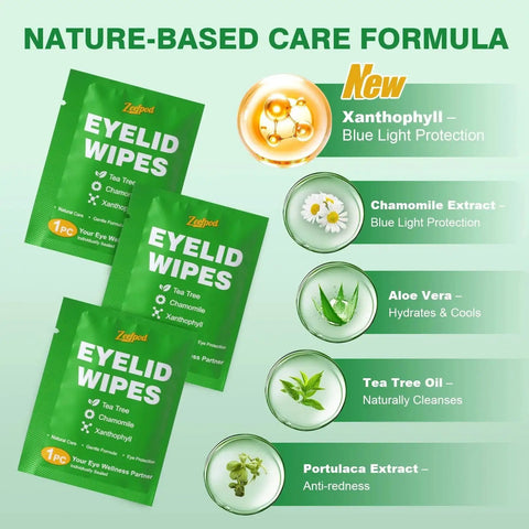 Tea Tree Oil Eyelid Wipes Individually Wrapped Hydrating For Sensitive Eyes packaging with natural ingredient highlights