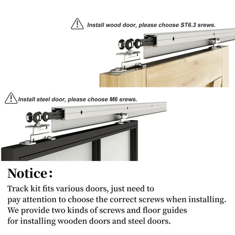 Six Foot Sliding Barn Door Track Kit With Aluminium Box Rail Wall Mounted Hidden Hardware shown on wood and steel doors