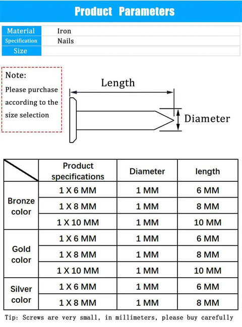 Diagram showing 1600 Piece Tiny Nails Wood Screws Set For DIY Crafts Antique Finish in Gold Silver Bronze with size chart and specifications.