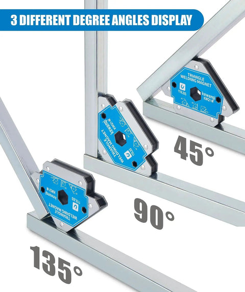 110 Lbs Welding Magnets Clamp Set 4 Piece Magnetic Welding Holders With 110 Lbs Holding Power For Secure Hands Free Welding On Ferrous Metal DIY Friendly Ideal For Precise Angle Settings Quick Positioning And Welder Tools And Accessories showing angle settings of 45, 90, and 135 degrees