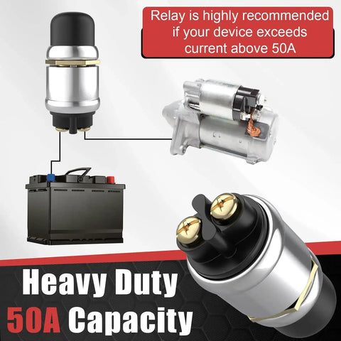 Diagram showcasing Heavy Duty 12V 50A Push Button Starter Switch Two Pack with engine, battery connections, and notes on relay use.