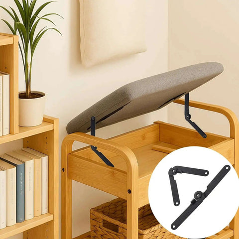 Two Pack 180 Degree Lid Support Hinges Black Rotatable Folding Heavy Duty Locking Hinges installed on wooden furniture