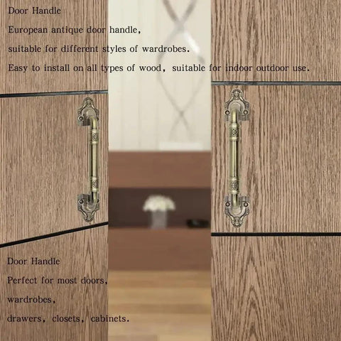 Sliding Barn Door Pull Handle Hardware in Bronze Tone for Wooden Garden Gate Shed Cabinet Doors, antique design, installed.