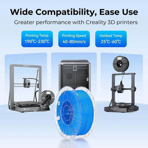 RFID Smart Hyper PLA Filament 1.75mm 1Kg Spool For 3D Printing With Auto Recognize And Optimized Printer Settings High Speed 30 To 600 mm Per Sec Fits K2 Plus And Most Printers Black, displayed in front of Creality 3D printers.