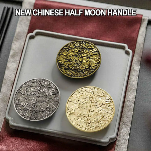Antique Half Moon Cabinet Pulls 2 Pack In Gold Semicircle Zinc Alloy Drawer Handles with Chinese Pattern on Display