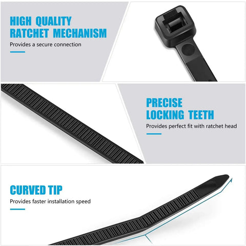 Heavy Duty 12 Inch Zip Ties With 120 Pound Tensile Strength Black Cable Ties 100 Pack Built For No Fuss Indoor Fixes And Quick Organization Solutions For Home And Work Use showcasing high-quality ratchet, locking teeth, and curved tip features.