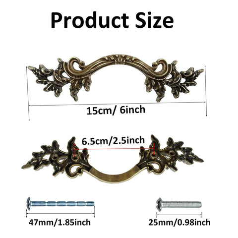 Two Pack 6 Inch Vintage Drawer Pulls In Antique Bronze European Style Cabinet Handles with detailed size measurements and screws.