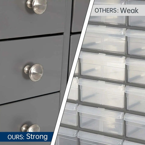 Comparison of strong Heavy Duty 12 Drawer Metal Parts Cabinet and a weak plastic cabinet, showing front view and handles