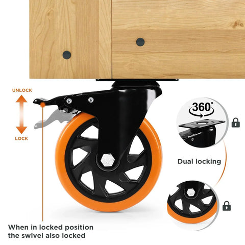 Heavy Duty 4 Inch Locking Swivel Caster Wheels Set Of 4 For Cart Furniture And Workbench In Orange Polyurethane with locking feature