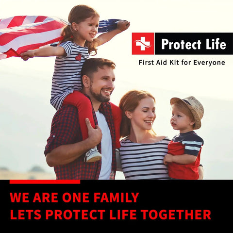 Family holding an American flag with Go To 100 Piece First Aid Kit For Travel And Outdoors, Compact Emergency Medical Kit.